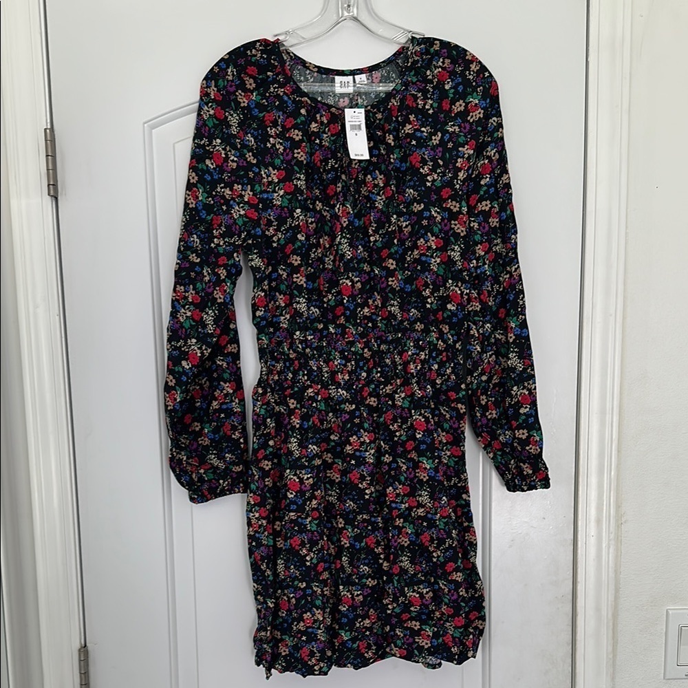 NWT Gap Smocked Splitneck Floral Mini Dress Long Sleeves Sz S - Picture 2 of 8
